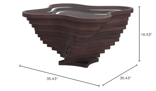 Modern Coffee Table with Tempered Glass Top, Natural Walnut Veneer, Wave Design, Rustic Wood for Living Room, Office, Luxury Decor