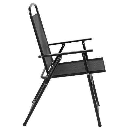 Nantucket 6-Piece Patio Dining Set with Glass Table, 4 Folding Chairs, and Umbrella, Outdoor Patio Set, Black