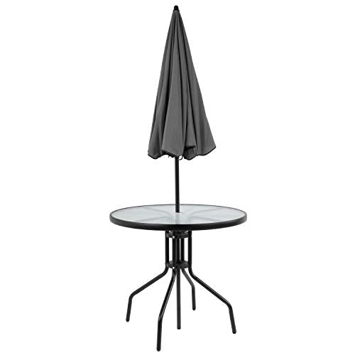 Nantucket 6-Piece Patio Dining Set with Glass Table, 4 Folding Chairs, and Umbrella, Outdoor Patio Set, Black