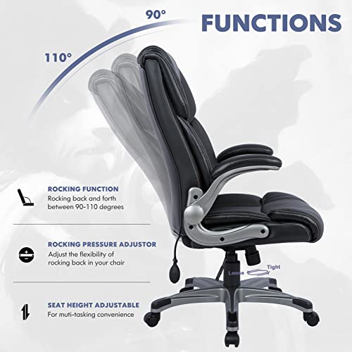 High Back Executive Office Chair, Ergonomic Leather Desk Chair with Padded Flip-Up Arms, Tilt Lock & Swivel for Home Office, Black