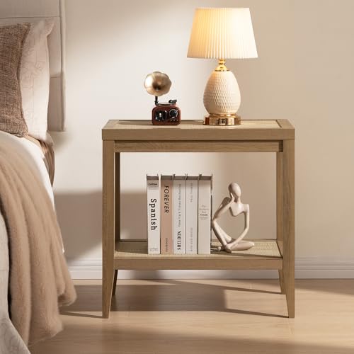 Rattan Nightstands Set of 2 Bedside Table - Boho Narrow End Table Living Room Set of 2 Side Table with Rattan Storage Shelves for Small Space