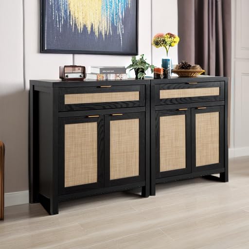 Sideboard Buffet Storage Cabinet Set of 2, Rattan Credenza Buffet Table, Modern Console Accent Cabinet with Doors and Drawer, Coffee Bar