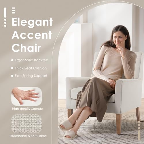 Modern Wingback Living Room Chair, Upholstered Fabric Accent Armchair, Single Sofa Chair with Lounge Seat and Wood Legs for Office/Bedroom/Reading Spaces, Beige