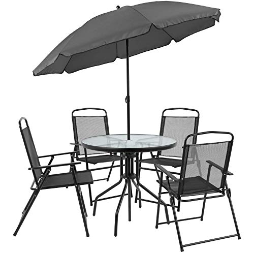 Nantucket 6-Piece Patio Dining Set with Glass Table, 4 Folding Chairs, and Umbrella, Outdoor Patio Set, Black