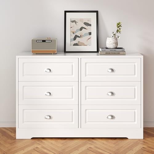 6-Drawer Dresser for Bedroom, Double Chest with Metal Handles, Wooden Storage Organizer TV Stand for Living Room, White