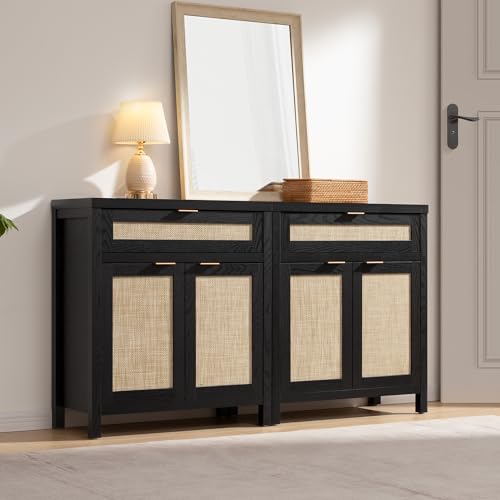 Sideboard Buffet Storage Cabinet Set of 2, Rattan Credenza Buffet Table, Modern Console Accent Cabinet with Doors and Drawer, Coffee Bar