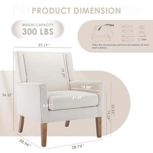 Modern Wingback Living Room Chair, Upholstered Fabric Accent Armchair, Single Sofa Chair with Lounge Seat and Wood Legs for Office/Bedroom/Reading Spaces, Beige