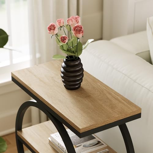 Set of 2 End Tables, 3-Tier Wooden Side Tables with Double Round Metal Legs, Slim Nightstands for Living Room, Bedroom, Oak Finish