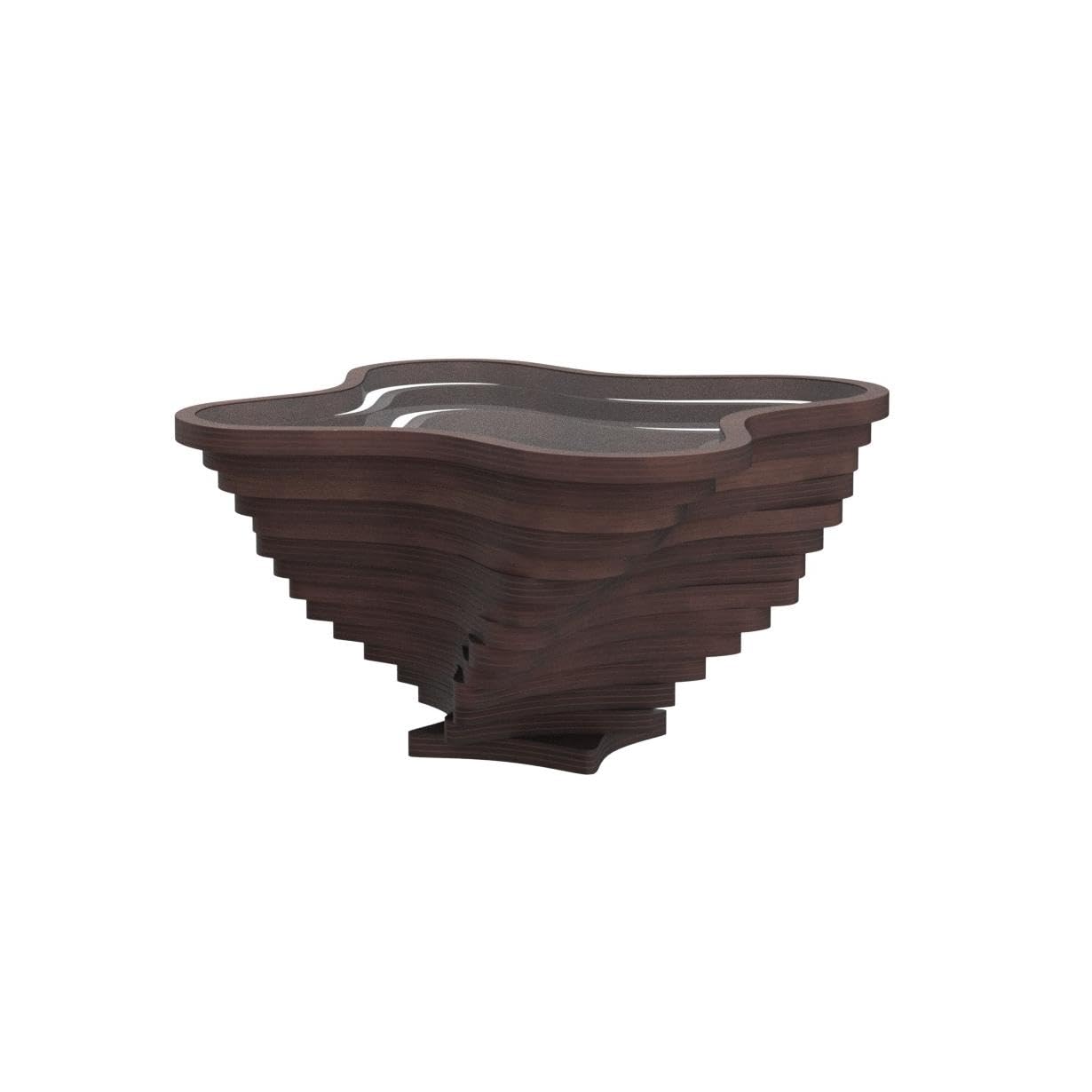 Modern Coffee Table with Tempered Glass Top, Natural Walnut Veneer, Wave Design, Rustic Wood for Living Room, Office, Luxury Decor