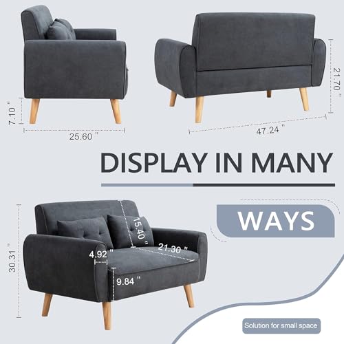 47" Modern Linen Loveseat Sofa with 2 Pillows, Dark Grey, Compact & Comfortable for Apartments, Studios & Small Spaces