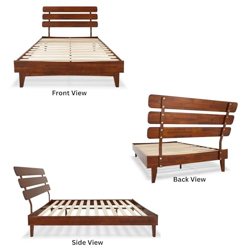 Caden 15 Inch Deluxe Bed Frame with Adjustable Headboard - Mid Century, Retro Style with Acacia Wood -  - 12 Strong Wood Slat Support -