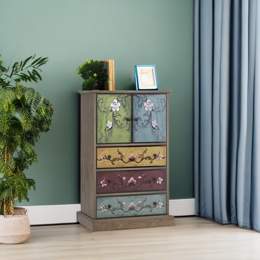 Wood Chest of Drawers, Tall Boho Dresser with Drawers and Doors, 16.1D x 23.6W 42.3H Inch Wood Accent Dresser for Home Office