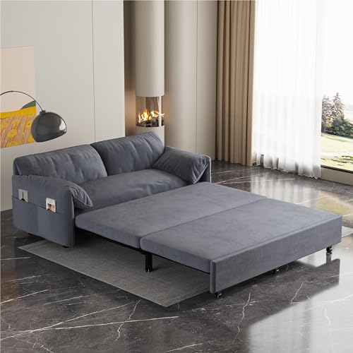 66" Convertible Sleeper Sofa Bed, Velvet Loveseat Pull-Out Couch with Armrest, Backrest & Side Pockets, RV Chaise Lounge for Living Room