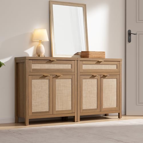 Sideboard Buffet Cabinet Set of 2, Rattan Credenza Storage Cabinet, Boho Buffet Table Console Cabinets with Drawer, Farmhouse Coffee Bar