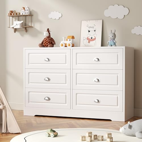 6-Drawer Dresser for Bedroom, Double Chest with Metal Handles, Wooden Storage Organizer TV Stand for Living Room, White