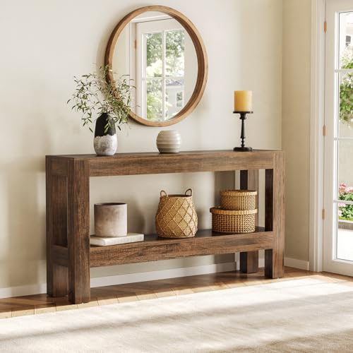 63-Inch Narrow Long Console Table for Living Room, Farmhouse Wood Entryway Table for Hallway, Sofa, Entry, Entrance, Foyer, Behind Couch with 2-Tier Shelves, Brown