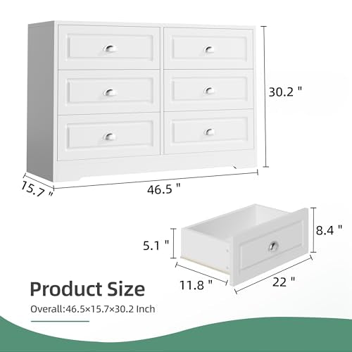 6-Drawer Dresser for Bedroom, Double Chest with Metal Handles, Wooden Storage Organizer TV Stand for Living Room, White