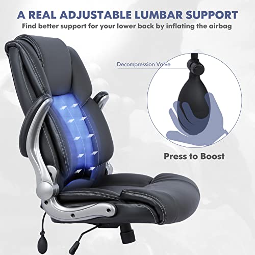 High Back Executive Office Chair, Ergonomic Leather Desk Chair with Padded Flip-Up Arms, Tilt Lock & Swivel for Home Office, Black