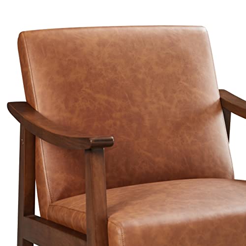 PU Leather Accent Chair, Mid-Century Modern Armchair with Solid Wood Legs, Reading Leisure Chair with High Back for Living Room Bedroom Waiting Room, Set of 2, Brown