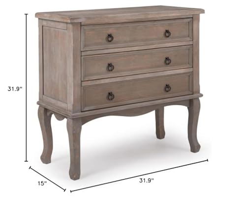 Thomas Antique Country Style Dresser Chest with 3 Drawers, Weathered Wood Nightstand Living Room Accent Furniture, Black Ring Handle, Curved Legs, Grey