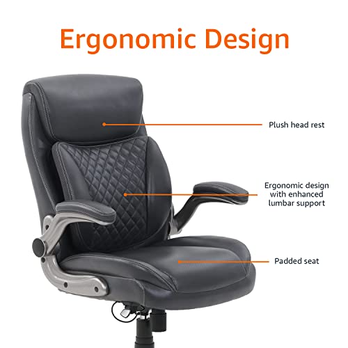 Ergonomic Executive Office Desk Chair with Lumbar Support, Flip-up Armrests, Adjustable Height, Grey Leather