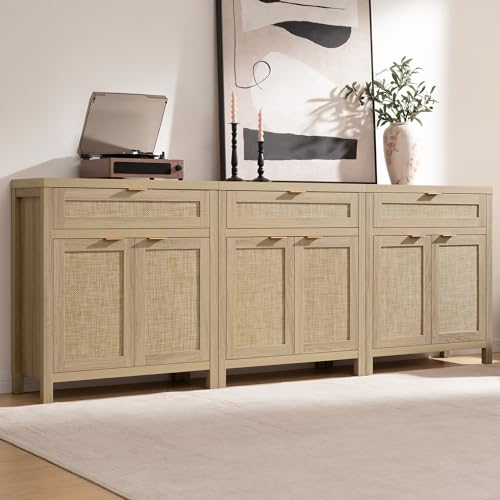 Sideboard Buffet Storage Cabinet Set of 2, Rattan Credenza Buffet Table, Boho Console Accent Cabinet with Doors and Drawer, Coffee Bar