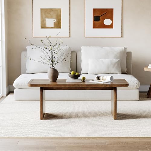 Farmhouse Coffee Table – 47" Rustic Brown Wood Center Table with Rounded Corners, Modern Rectangular Tea Table for Living Room