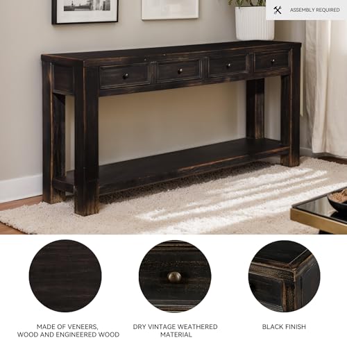Design by Ashley Gavelston Rustic Sofa Table with 4 Drawers and Lower Shelf, Weathered Black