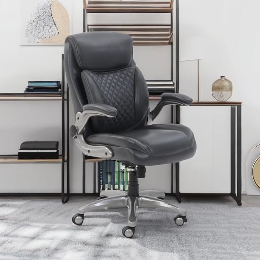 Ergonomic Executive Office Desk Chair with Lumbar Support, Flip-up Armrests, Adjustable Height, Grey Leather