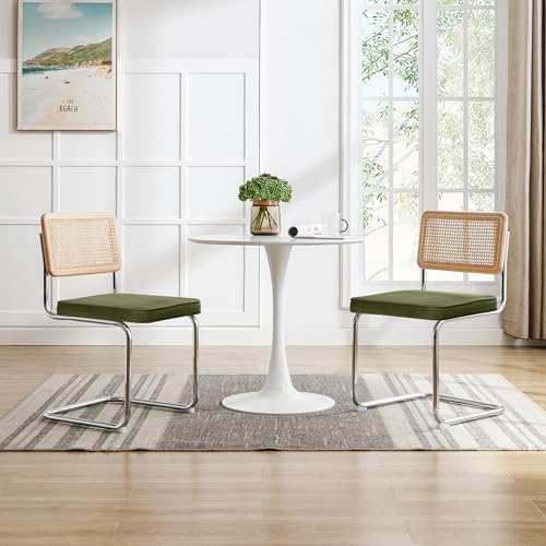 Natural Rattan Dining Chairs Set of 2, Modern Boho Kitchen Chairs with Solid Wood Back & Chrome Base, Mid Century Breuer Design Inspired