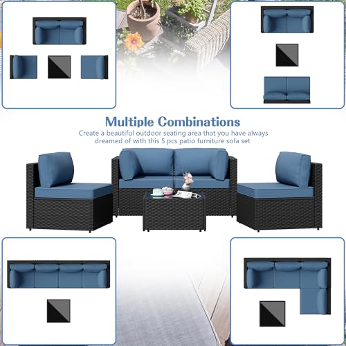 5 Pieces Outdoor Patio Sectional Sofa Couch, PE Wicker Furniture Set with Cushions and Glass Coffee Table for Garden, Poolside, Backyard, Blue