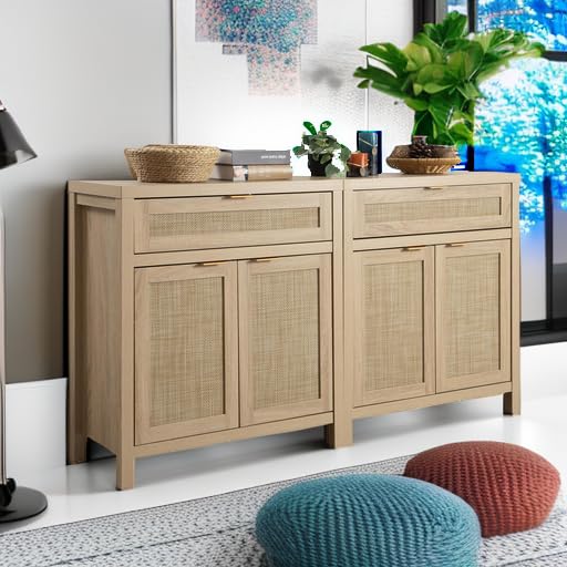 Sideboard Buffet Storage Cabinet Set of 2, Rattan Credenza Buffet Table, Boho Console Accent Cabinet with Doors and Drawer, Coffee Bar