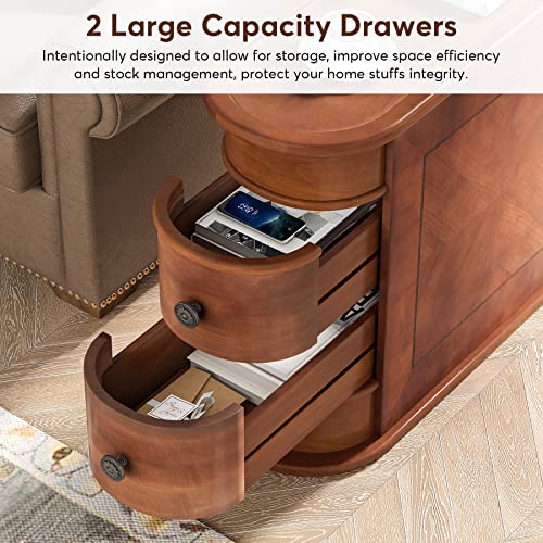 Wood End Table with 2 Drawers Sofa Side Table, No Assembly Required Vintage Slim Nightstand Bedside Table for Bedroom