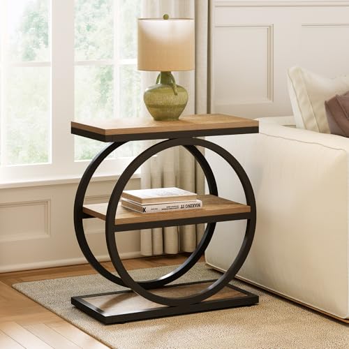 Set of 2 End Tables, 3-Tier Wooden Side Tables with Double Round Metal Legs, Slim Nightstands for Living Room, Bedroom, Oak Finish