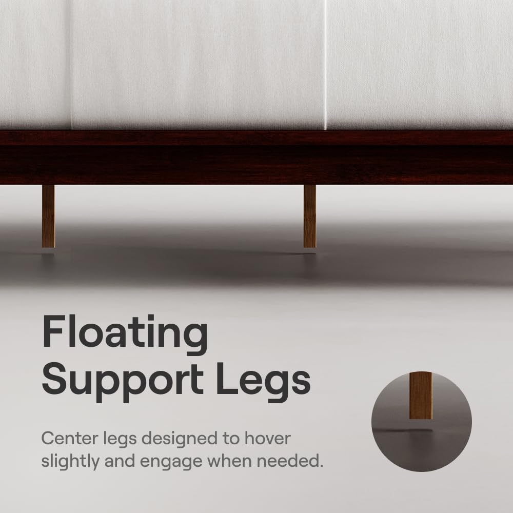 Bamboo  - Queen - Walnut - Floating Center Support Legs - 12” Height - Easy Tool Free Set Up - Contemporary and Durable - Sturdy Wooden Support