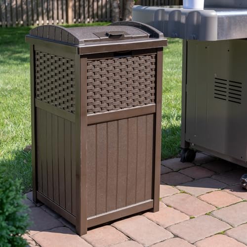 33 Gallon Commercial Outdoor Trashcan Hideaway with Lid for 30 to 33 Gallon Trash Bags for Garage, Backyard, or Garden, Brown