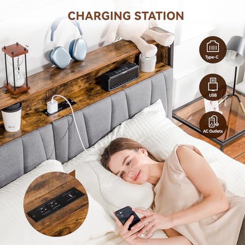 Platform Bed Frame with LED Lights and Charging Station, Storage Headboard and Footboard Drawers, , Rustic Wood Look (Queen)