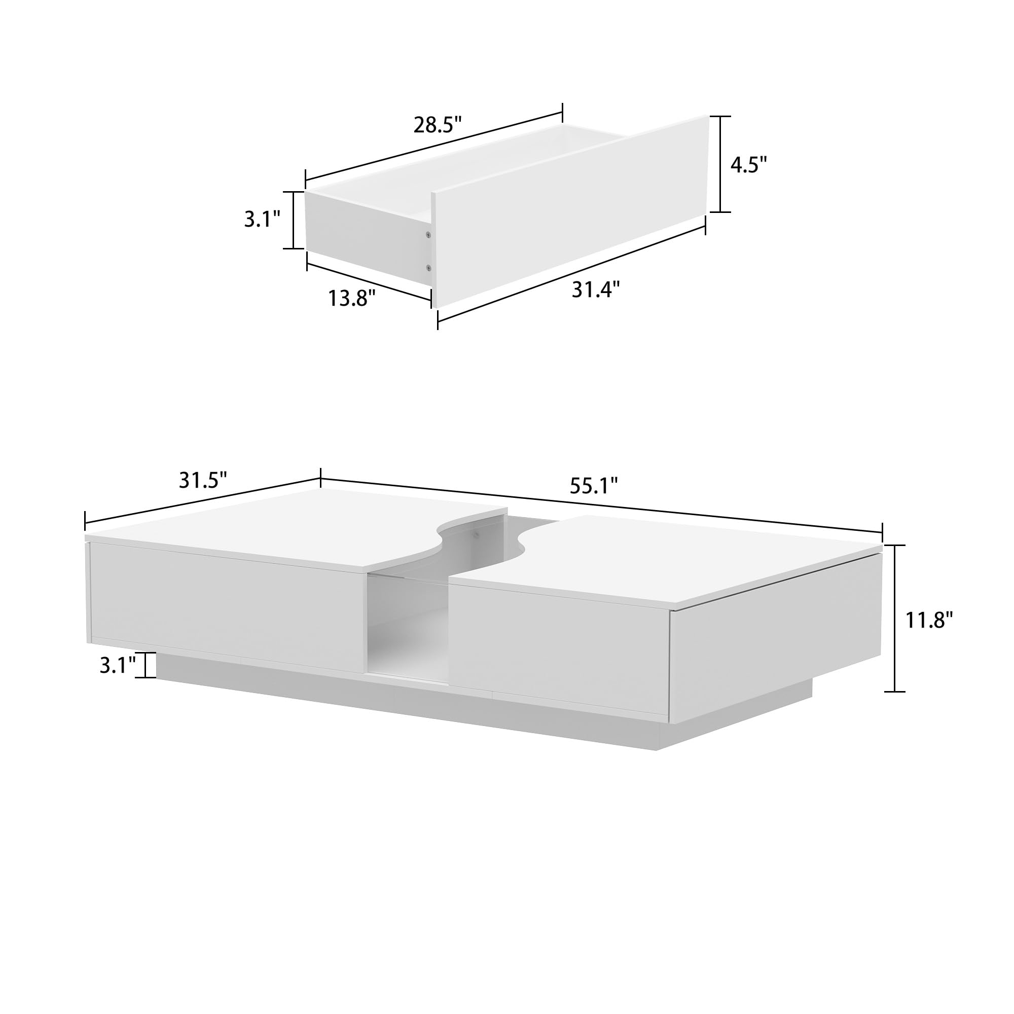 Modern LED Coffee Table with Remote, 2 Drawers & Tempered Glass Top, 55.1" White Rectangle Center Table for Living Room & Reception