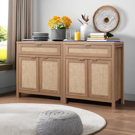 Sideboard Buffet Cabinet Set of 2, Rattan Credenza Storage Cabinet, Boho Buffet Table Console Cabinets with Drawer, Farmhouse Coffee Bar