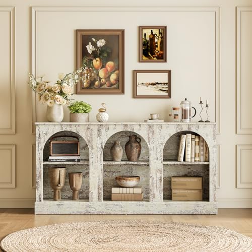 63" Modern Console Sofa Table with 3-Tier Storage, Wooden Rectangular Foyer Table, for Entrance, Hallway, Living Room, Retro White