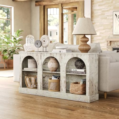 63" Modern Console Sofa Table with 3-Tier Storage, Wooden Rectangular Foyer Table, for Entrance, Hallway, Living Room, Retro White
