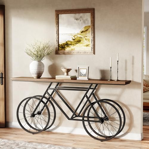 Narrow Sofa Table, 70.9-Inch Extra Long Console Table for Living Room, Entryway, with Unique Bicycle Metal Base. Rustic Brown