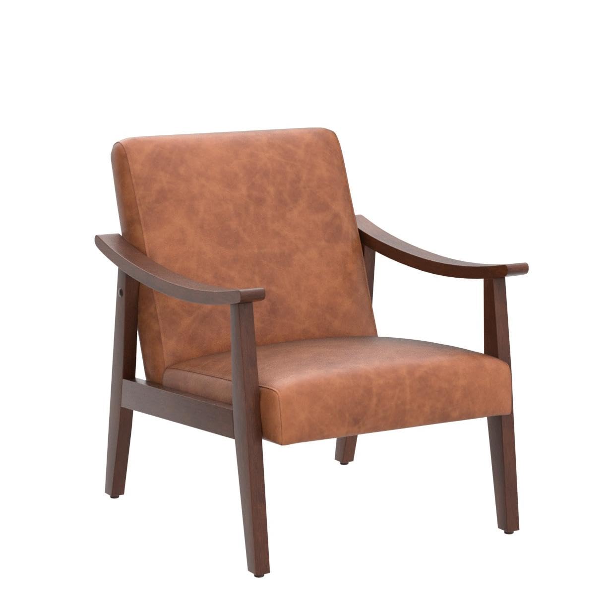 PU Leather Accent Chair, Mid-Century Modern Armchair with Solid Wood Legs, Reading Leisure Chair with High Back for Living Room Bedroom Waiting Room, Set of 2, Brown