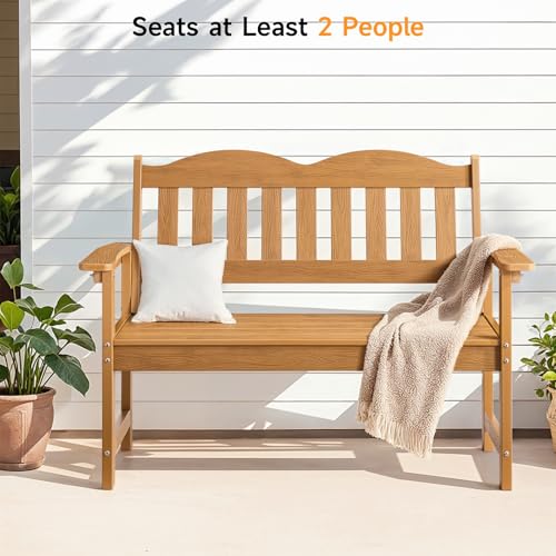 Outdoor Garden Bench, 2-Person Poly Lumber Patio Bench with Armrests, 800 lbs Capacity, All-Weather for Porch, Backyard, Park, Teak