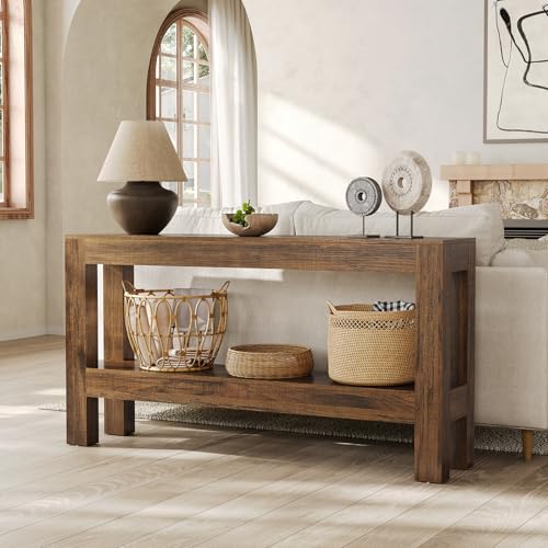 63-Inch Narrow Long Console Table for Living Room, Farmhouse Wood Entryway Table for Hallway, Sofa, Entry, Entrance, Foyer, Behind Couch with 2-Tier Shelves, Brown