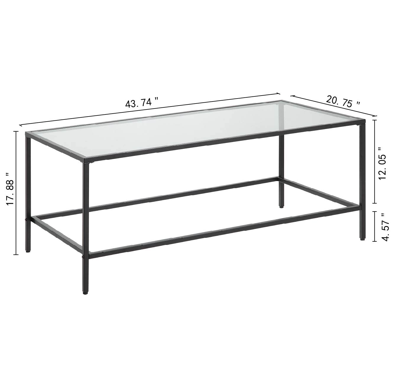 Black Coffee Table, Tempered Glass Wide Rectangle Coffee Table with Black Metal Frame, Modern Minimalist Center Table for Living Room, Dininng
