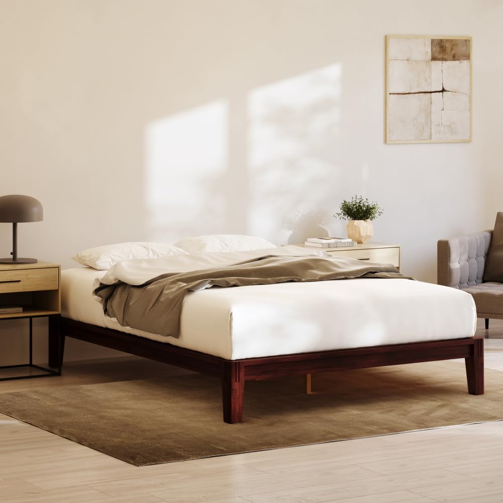 Bamboo  - Queen - Walnut - Floating Center Support Legs - 12” Height - Easy Tool Free Set Up - Contemporary and Durable - Sturdy Wooden Support