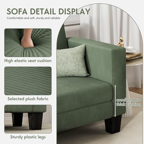L-Shaped Convertible Sectional Sofa 3 Seater with Corduroy Fabric, Complete with Mobile Footrest, for Living Room, Apartment and Office, 70", Green