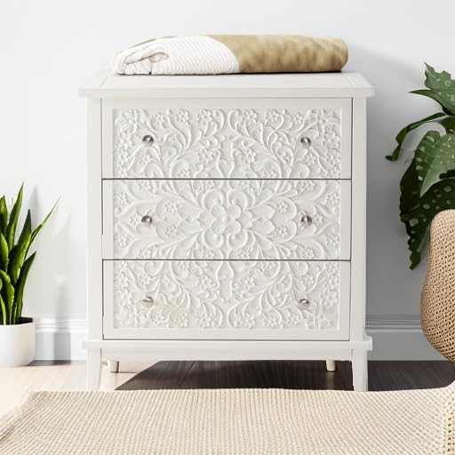 3-Drawer Fully-Assembled Flower Motif Dresser for French Country, Farmhouse, Modern, Rustic Style, Distressed Finish, White-Washed