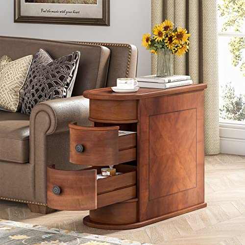 Wood End Table with 2 Drawers Sofa Side Table, No Assembly Required Vintage Slim Nightstand Bedside Table for Bedroom